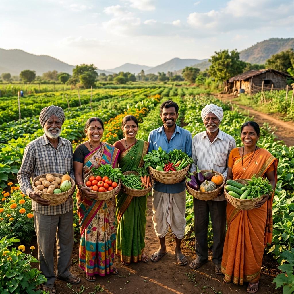 Indian farmers harvesting in a sunlit field