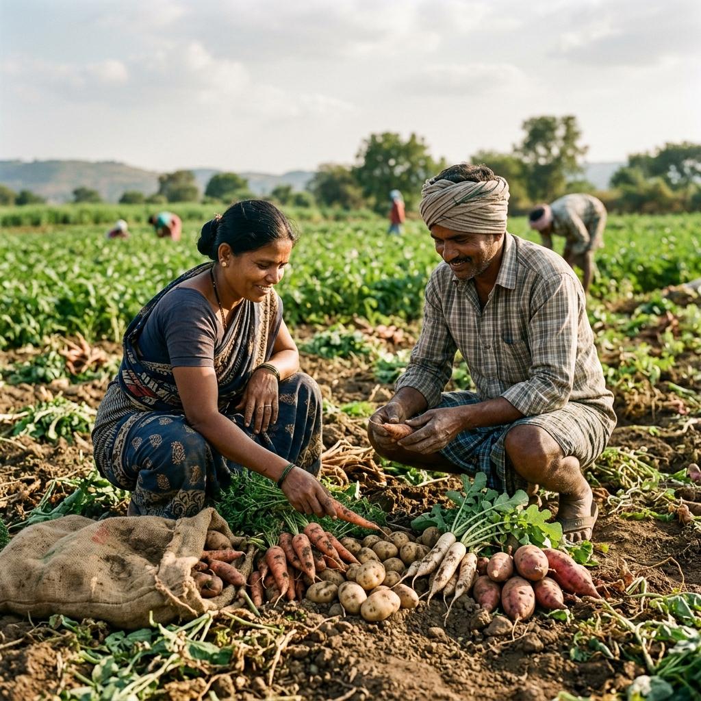 Two farmers crouched in a field sorting freshly lifted carrots, radishes and sweet potatoes