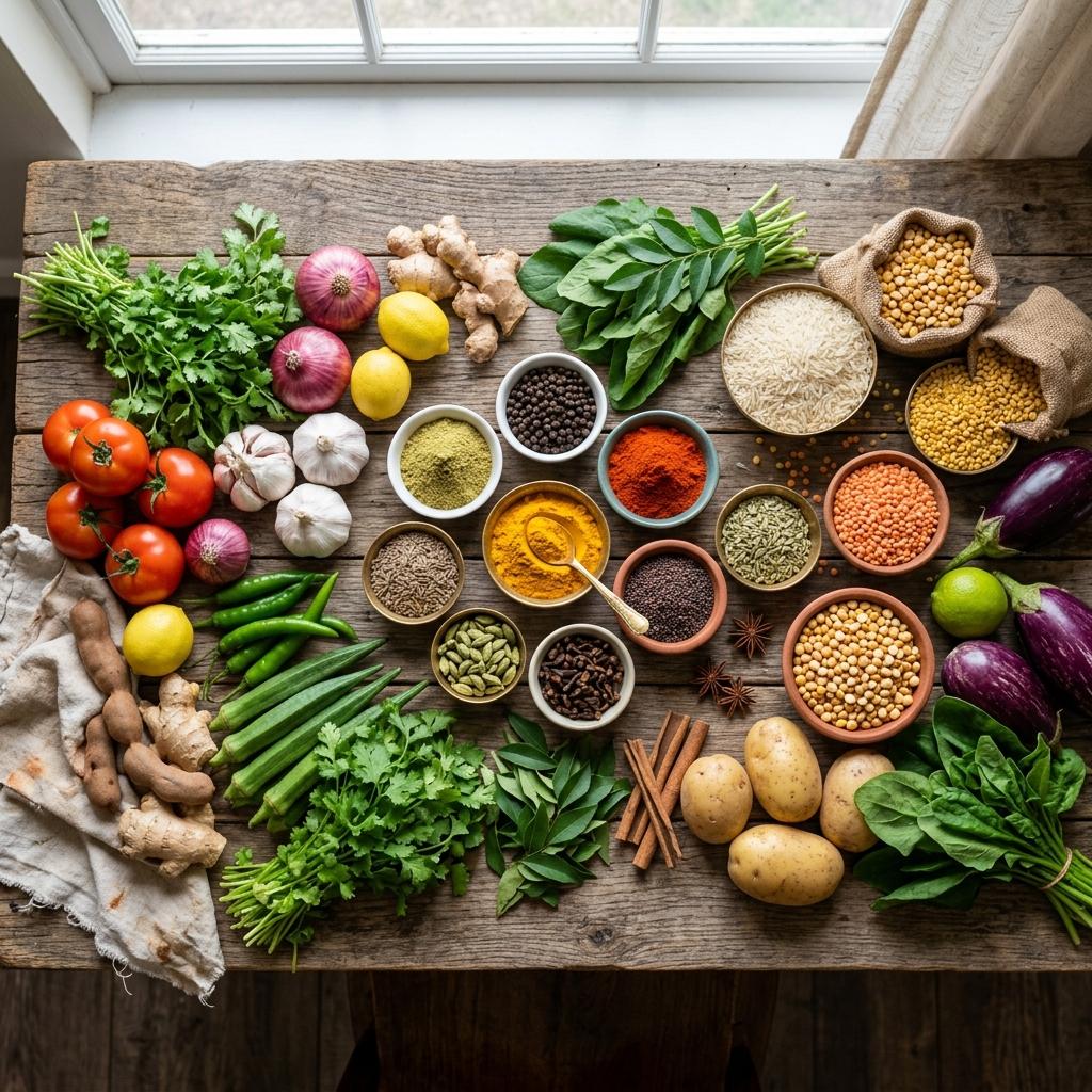 Fresh Indian groceries on a table